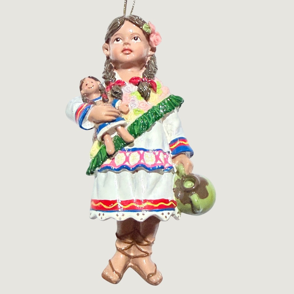 Girl with Doll Christmas Holiday Ornament Traditional Folk Art Figurine Vintage